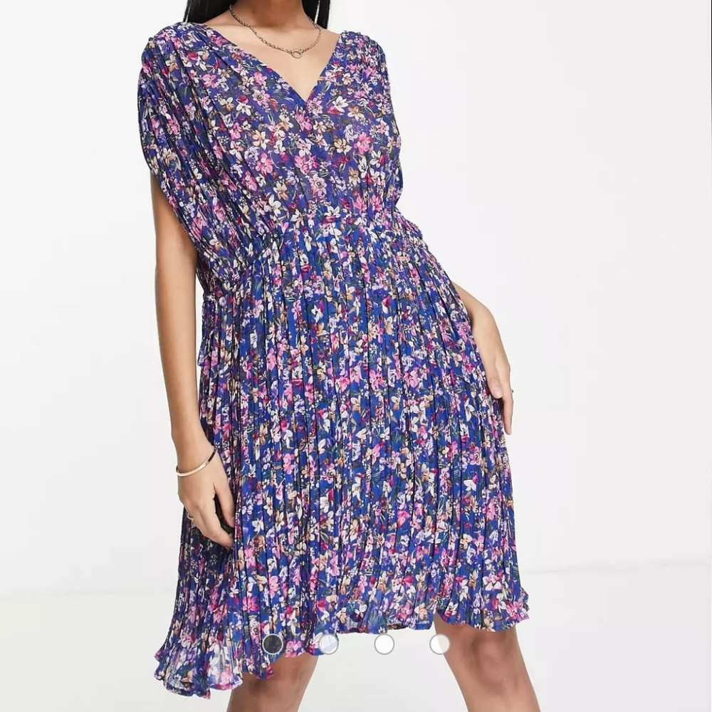 EUC Mango 'Mina' Floral Pleated Mini Sleeveless Dress Navy Pink Size M